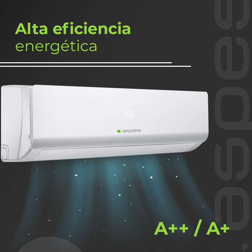 Un acondicionador de aire blanco con las palabras 'Alta eficiencia energética' y 'A++/A+'.
