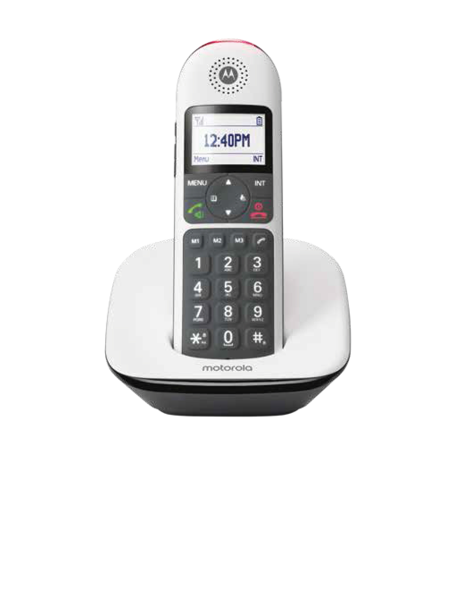 Telefono cordless bianco su una base. Il display mostra le 12:40. Pulsanti e un altoparlante.