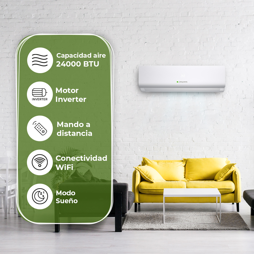 Salón con aire acondicionado, sofá amarillo, mesa blanca e infografía con detalles.
