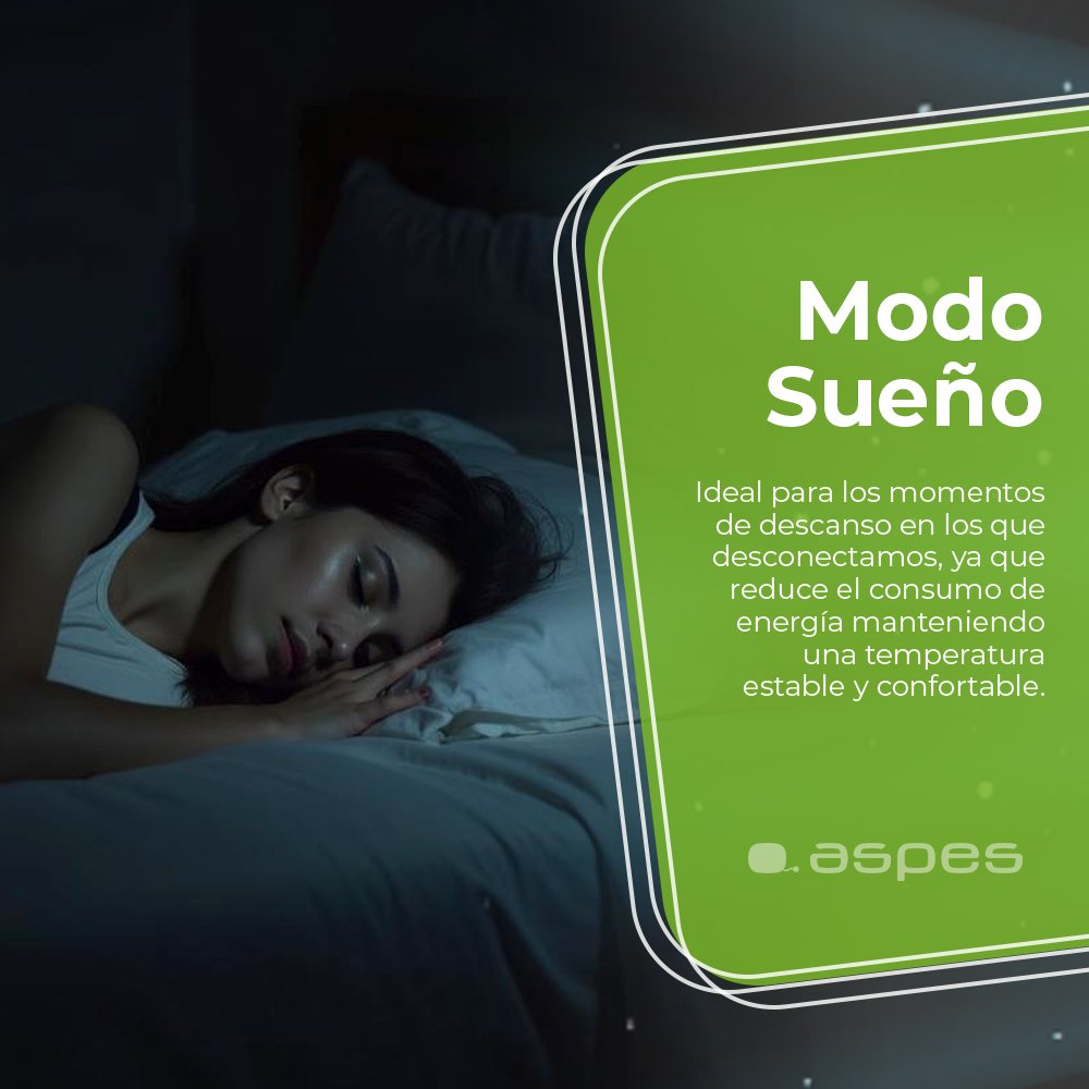Mujer durmiendo plácidamente en la cama. Texto sobre el modo sueño a la derecha.