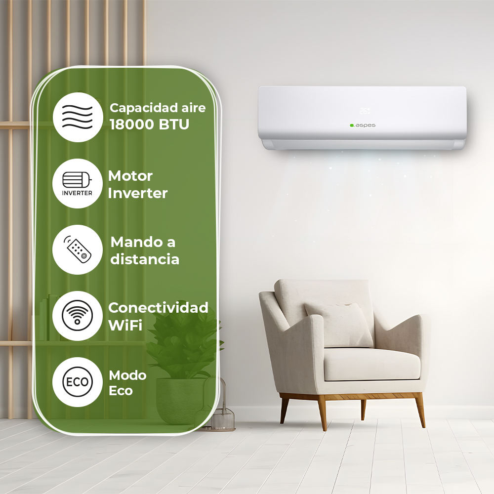 Soggiorno con un condizionatore, una sedia e una pianta. Testo: Capacidad aire 18000 BTU...