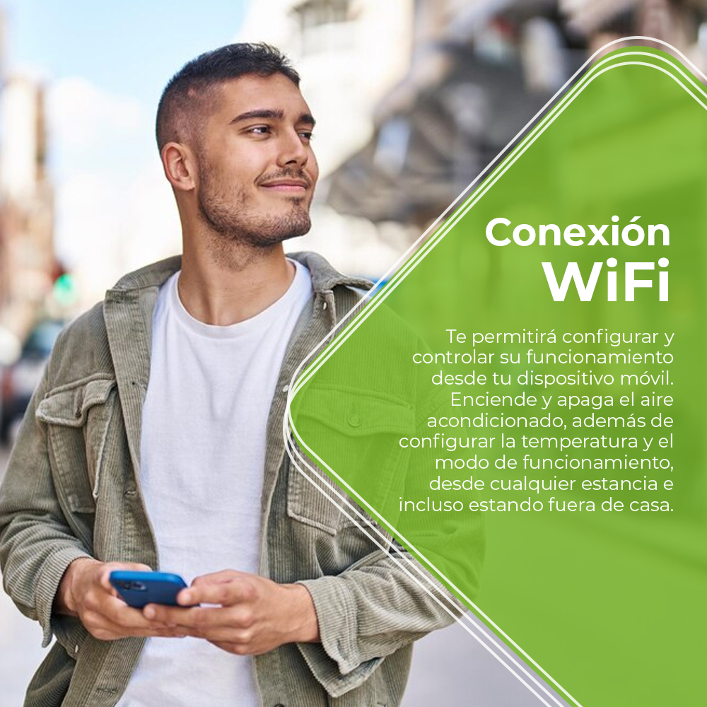 Un uomo che tiene un telefono con testo e dettagli di connessione Wi-Fi sullo sfondo.