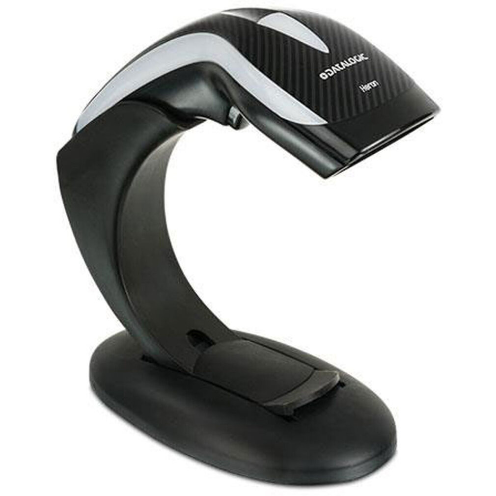 Scanner per codici a barre su supporto. Bianco e nero. Testo: DATALOGIC, Heron.