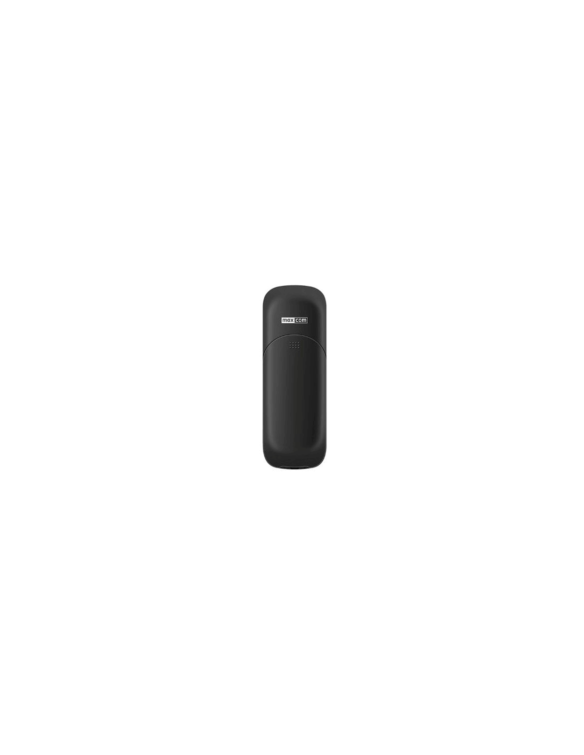 Un piccolo telecomando nero e rettangolare con il testo 'max com', isolato su sfondo bianco.