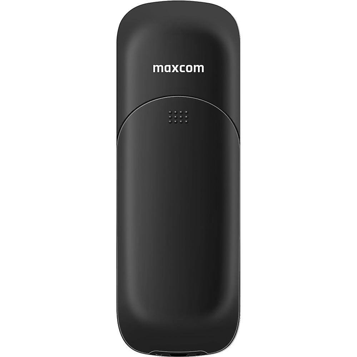 Un telefono nero con la parola maxcom in bianco in alto. Sfondo bianco.