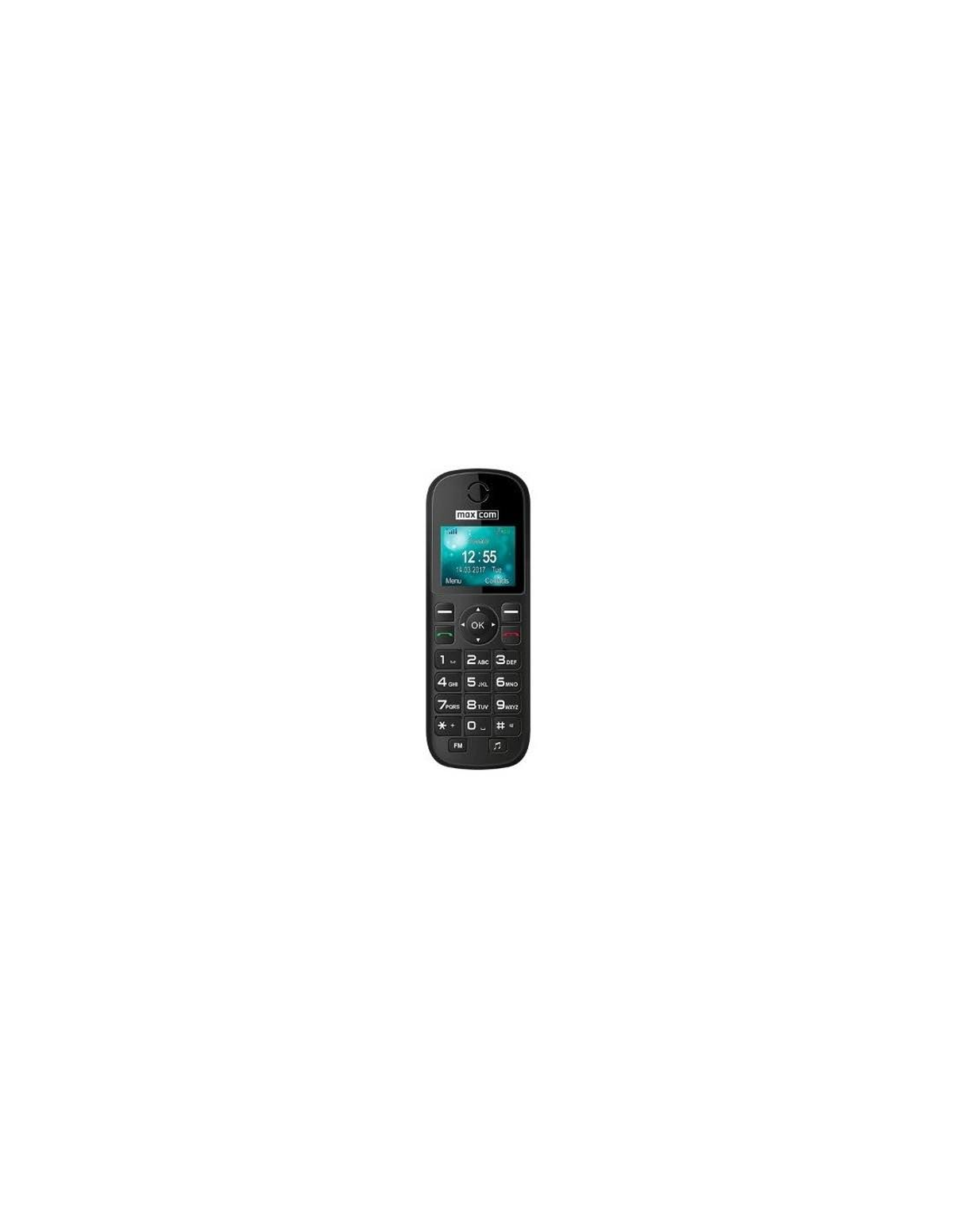 Un telefono cellulare nero su sfondo bianco. Lo schermo mostra l'ora e l'interfaccia del telefono.