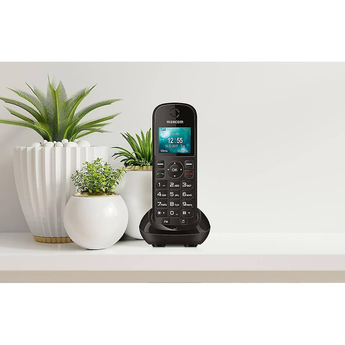 Un telefono cellulare nero su una base di ricarica nera su una mensola bianca, con piante su entrambi i lati.