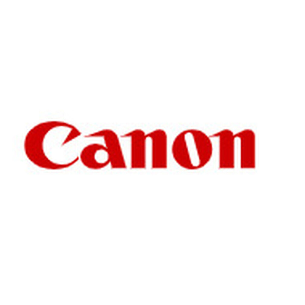 Czerwone logo Canon na białym tle. Słowo 'Canon' jest napisane charakterystyczną czerwoną czcionką.