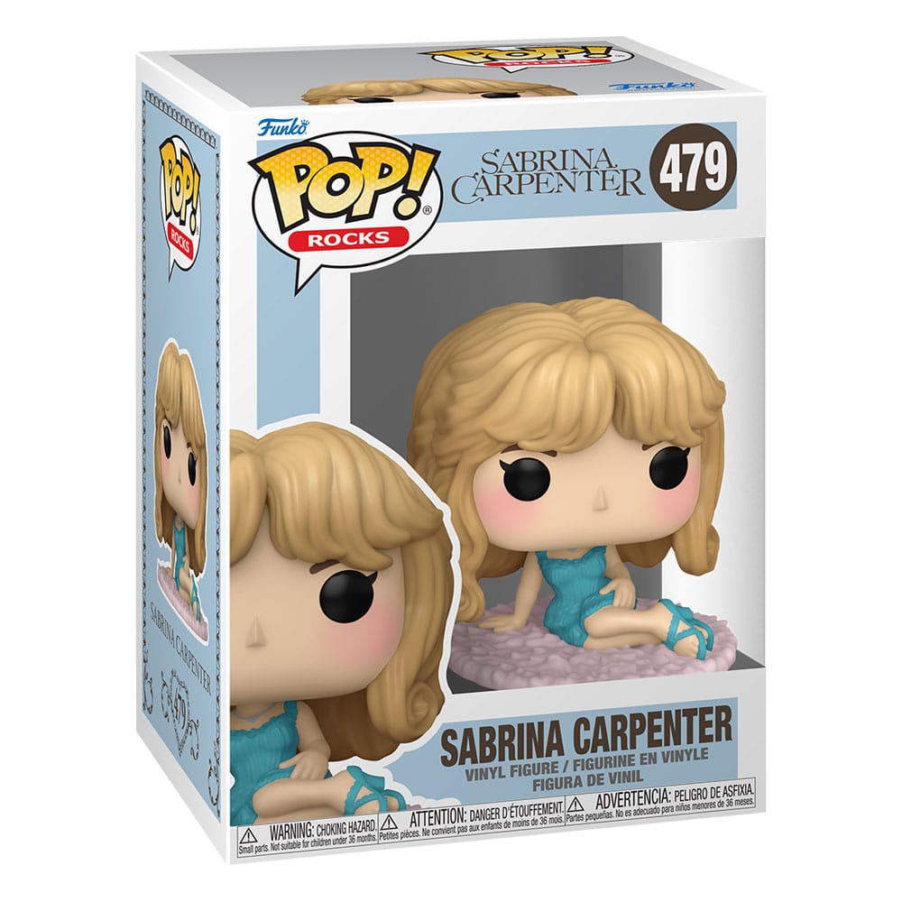 Scatola con figura Funko Pop di Sabrina Carpenter. Figura con abito blu.