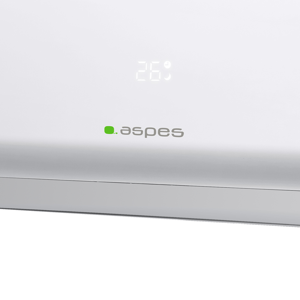 Primer plano de un aire acondicionado blanco con texto 'aspes', pantalla 26 grados.