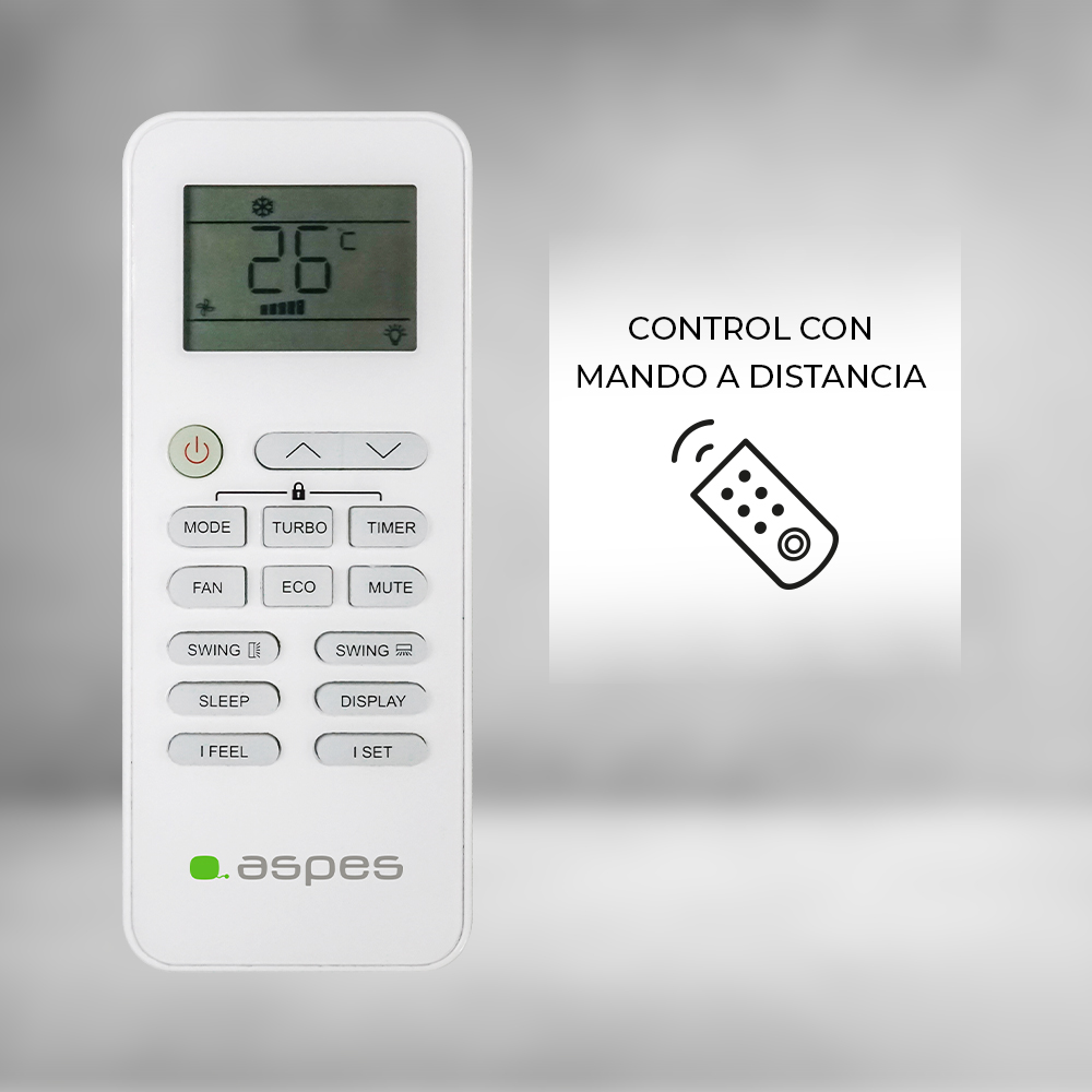 Mando a distancia blanco con botones. Un letrero dice 'control con mando a distancia' y tiene un icono.