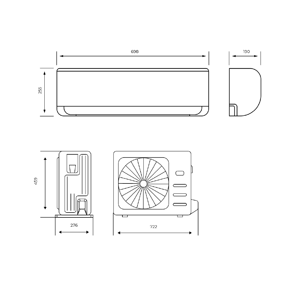 Dibujo técnico de un aire acondicionado. Se muestran dimensiones y contornos de la unidad.