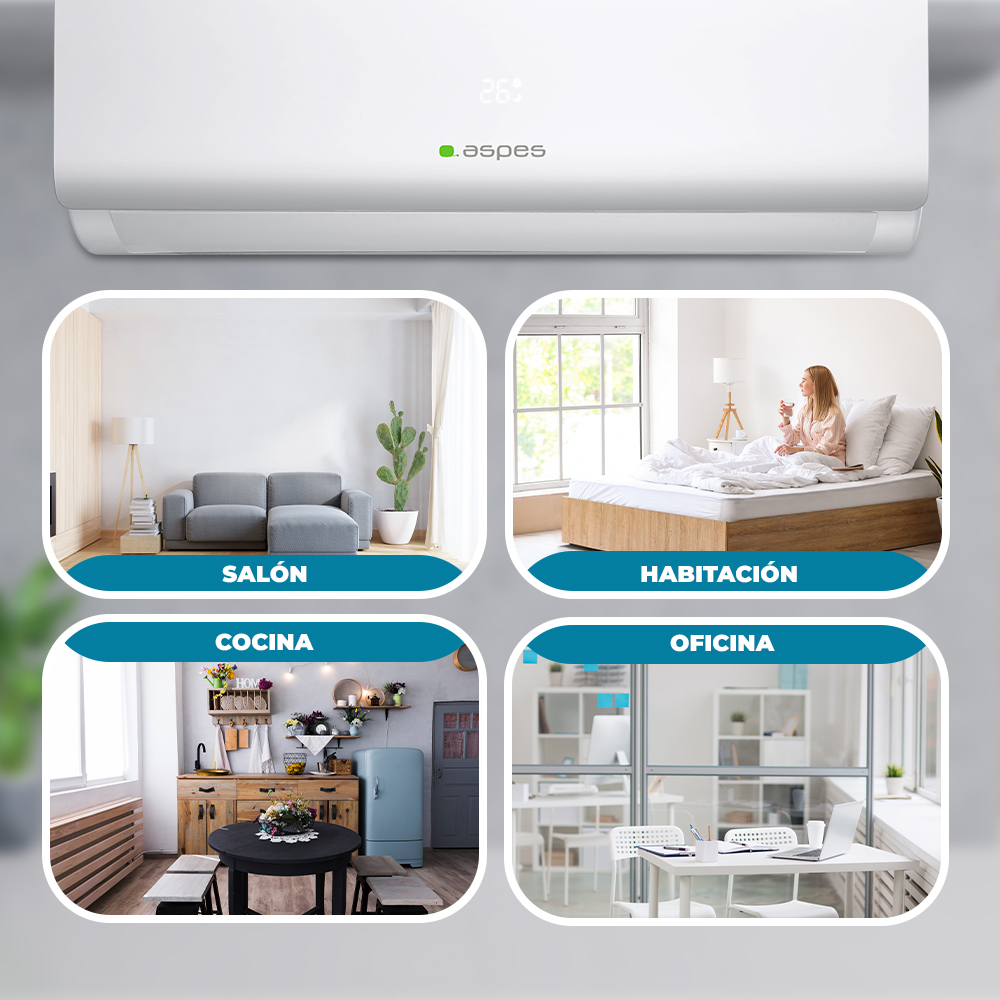 Aire acondicionado en diferentes entornos: salón, cocina, dormitorio, oficina.