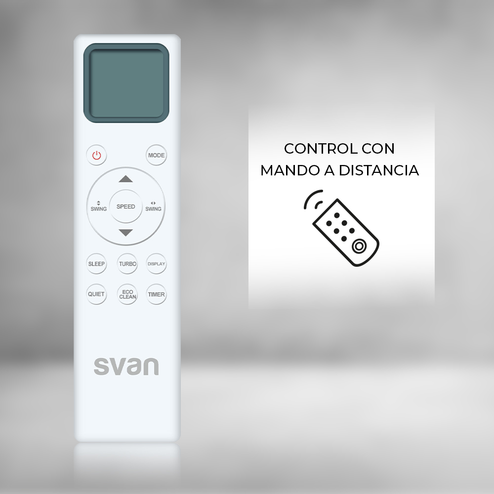 Mando a distancia blanco con botones y pantalla, texto 'svan'.