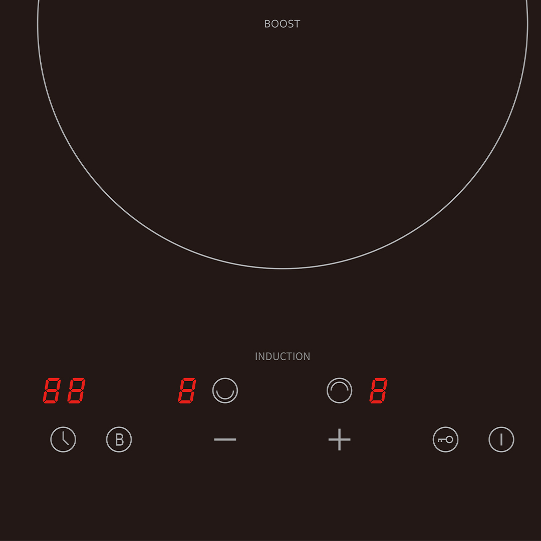Placa de inducción negra con pantalla digital, que muestra números y símbolos. La palabra BOOST está arriba.