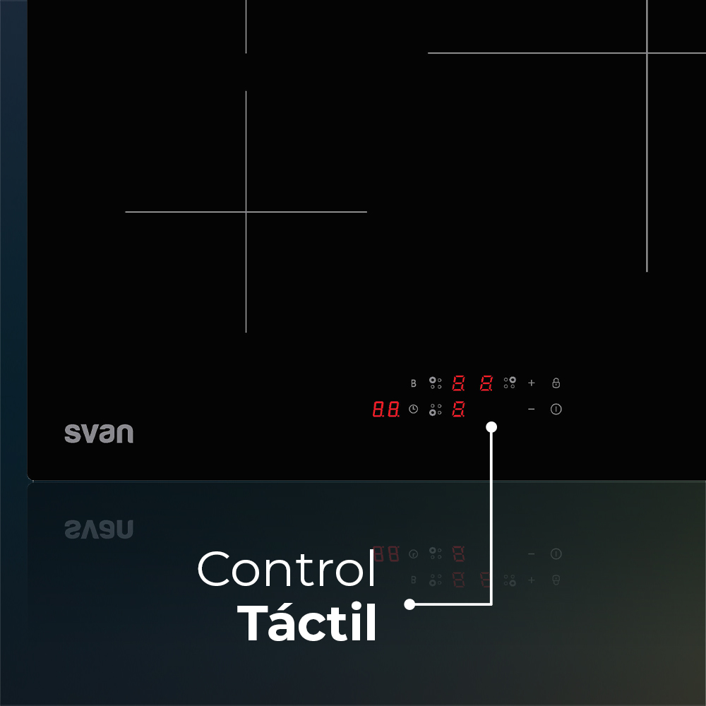 Encimera de inducción negra con controles táctiles y pantalla digital roja. Marca 'svan'.