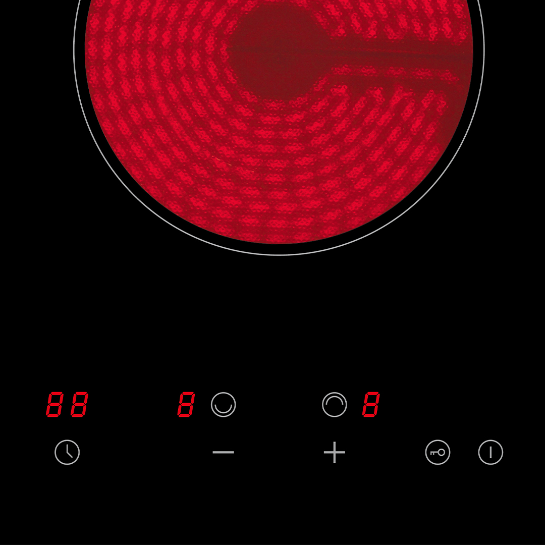 Placa de inducción negra con una zona de cocción roja y brillante. La pantalla muestra números y símbolos. Botones abajo.