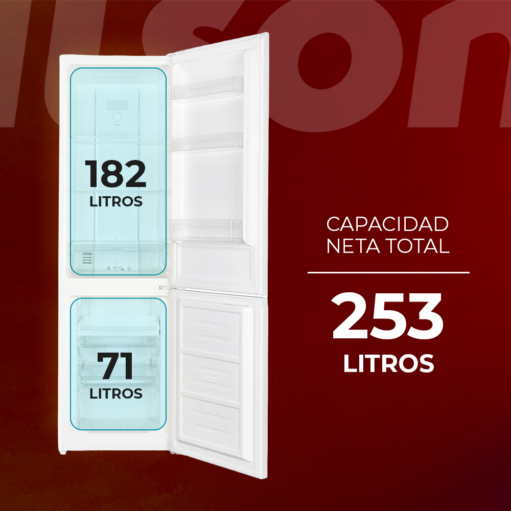 Un refrigerador abierto con 182 y 71 litros en los compartimentos superior e inferior. Total 253 litros.