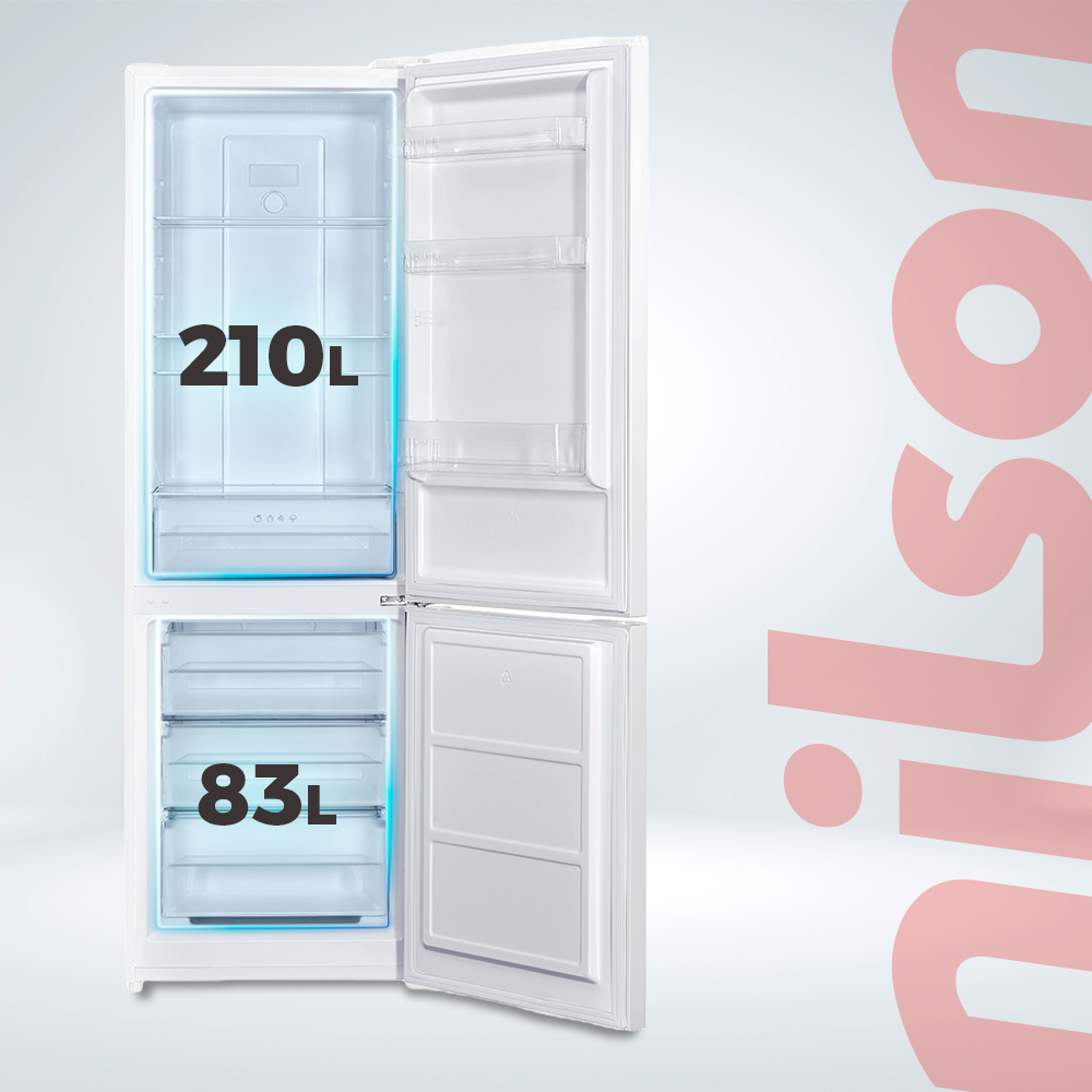 Un refrigerador blanco con puertas abiertas, que muestra compartimentos de 210L y 83L de capacidad.