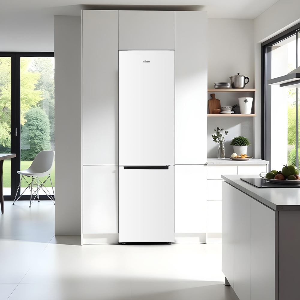 Cocina blanca con nevera, gabinetes y ventana con vista a un paisaje verde.