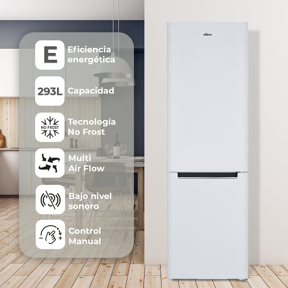 Un refrigerador blanco con una lista de características que incluyen eficiencia energética y tecnología No Frost.