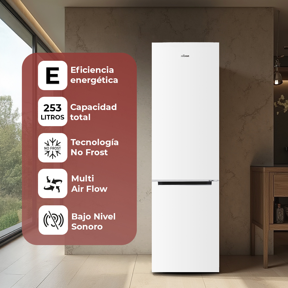 Refrigerador blanco con características resaltadas sobre fondo rojo, con texto e iconos.