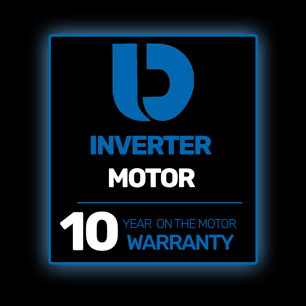 Fondo negro con un cuadrado azul que contiene un logotipo, el texto 'INVERTER MOTOR' y '10 YEAR WARRANTY'.