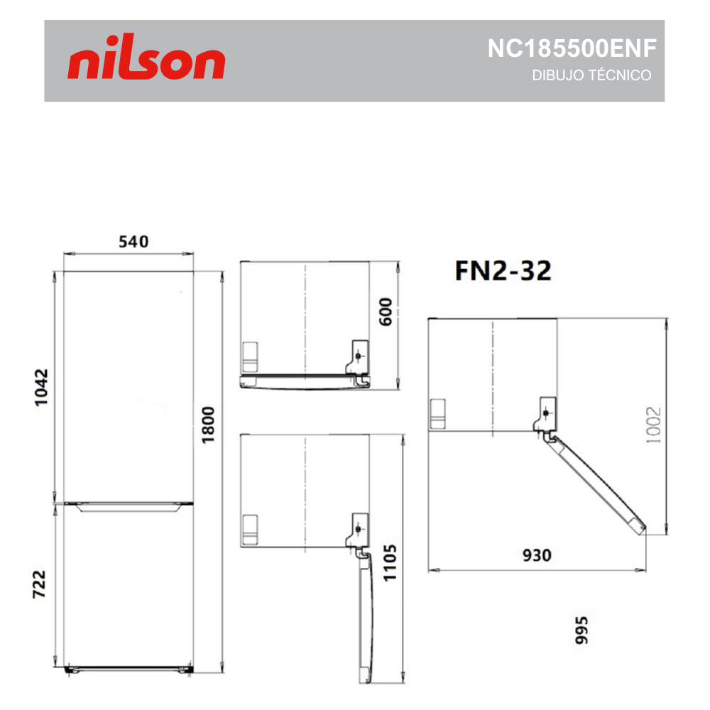 Dibujo técnico de un refrigerador, mostrando dimensiones y detalles en estilo plano.