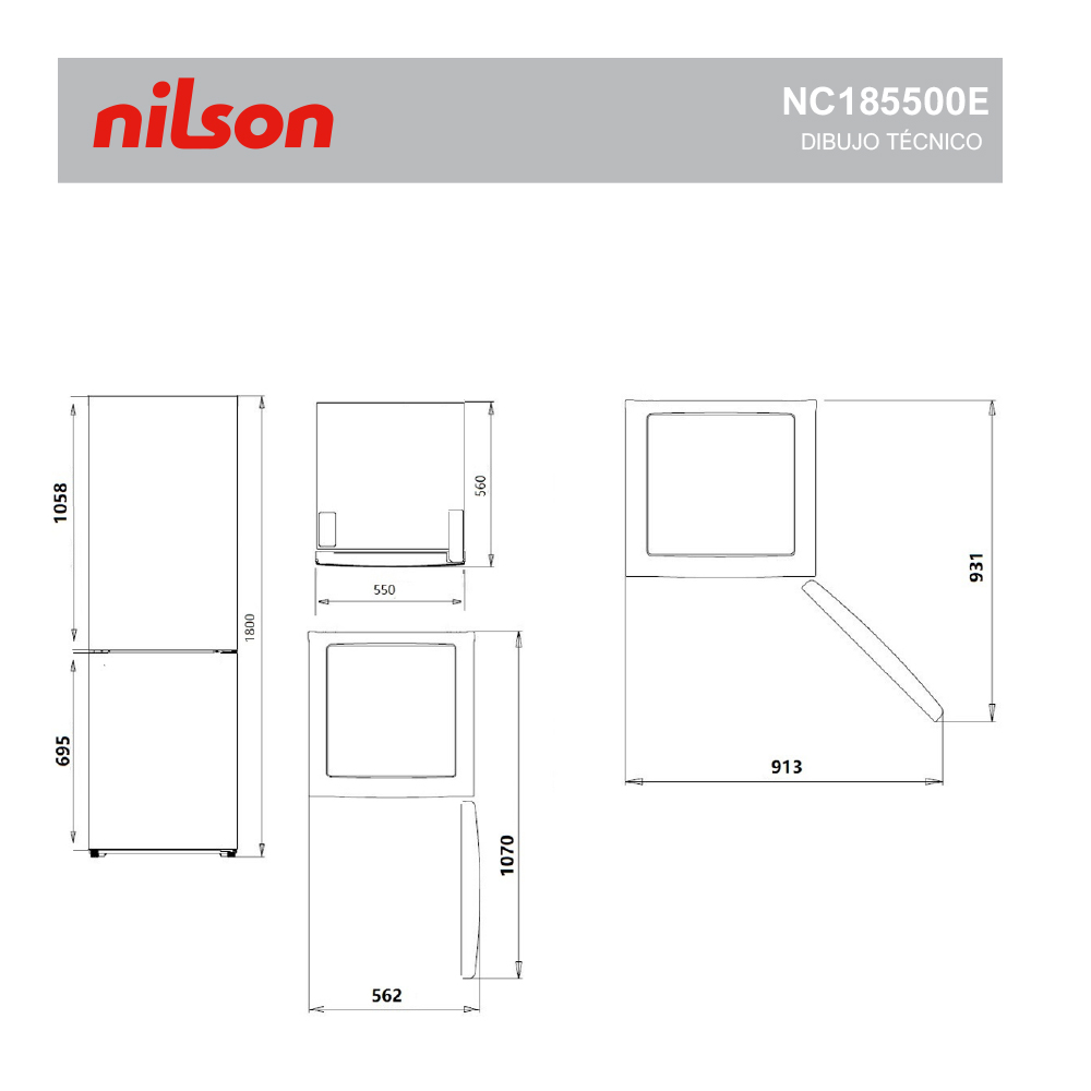 Dibujo técnico de un refrigerador, con dimensiones y detalles, en estilo plano.