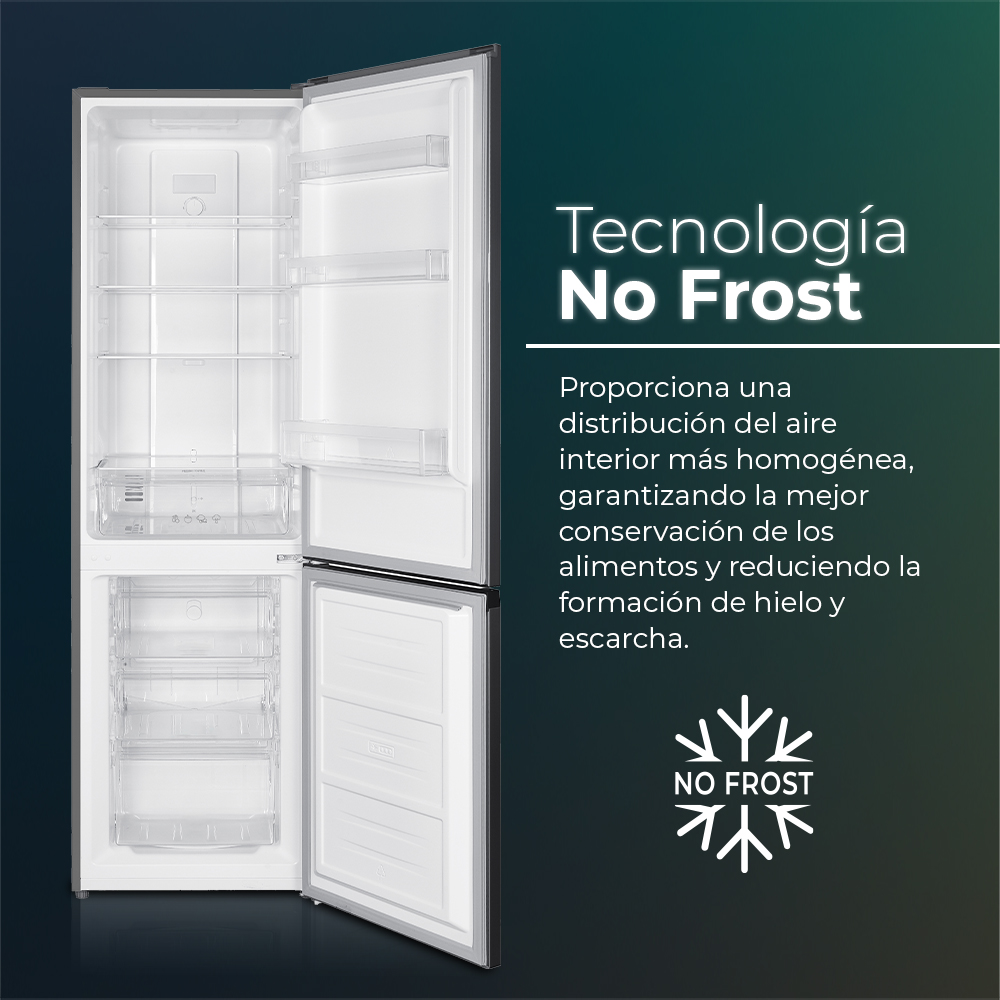 Interior de refrigerador con puertas abiertas, mostrando estantes y cajones, con texto.