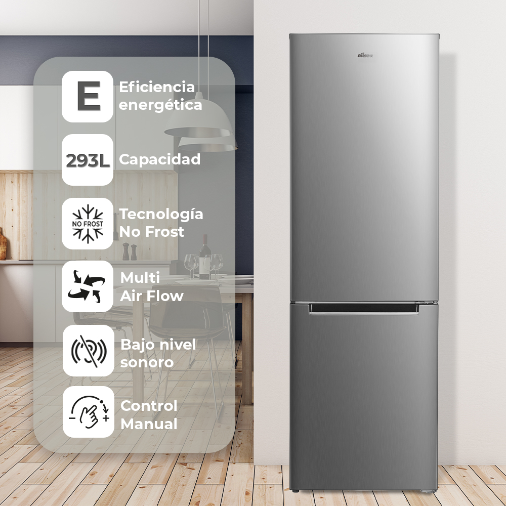 Refrigerador plateado con etiquetas de características, incluida la eficiencia energética.