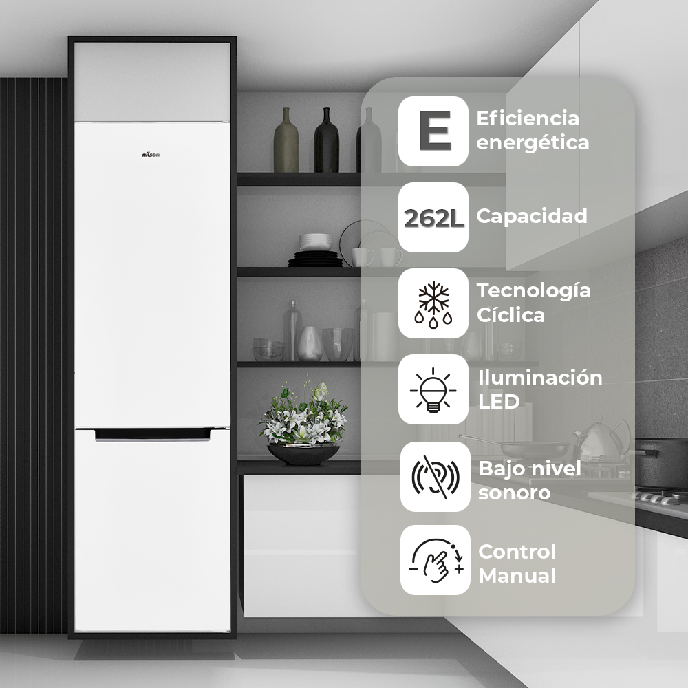 Refrigerador blanco con iconos y descripciones de texto, contra un fondo de cocina.