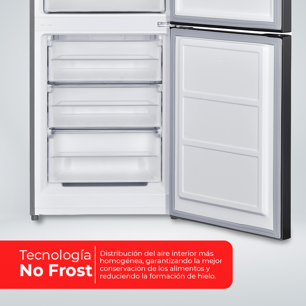 Interior del refrigerador con estantes. La puerta abierta revela cajones transparentes. Cuadro de texto rojo abajo.