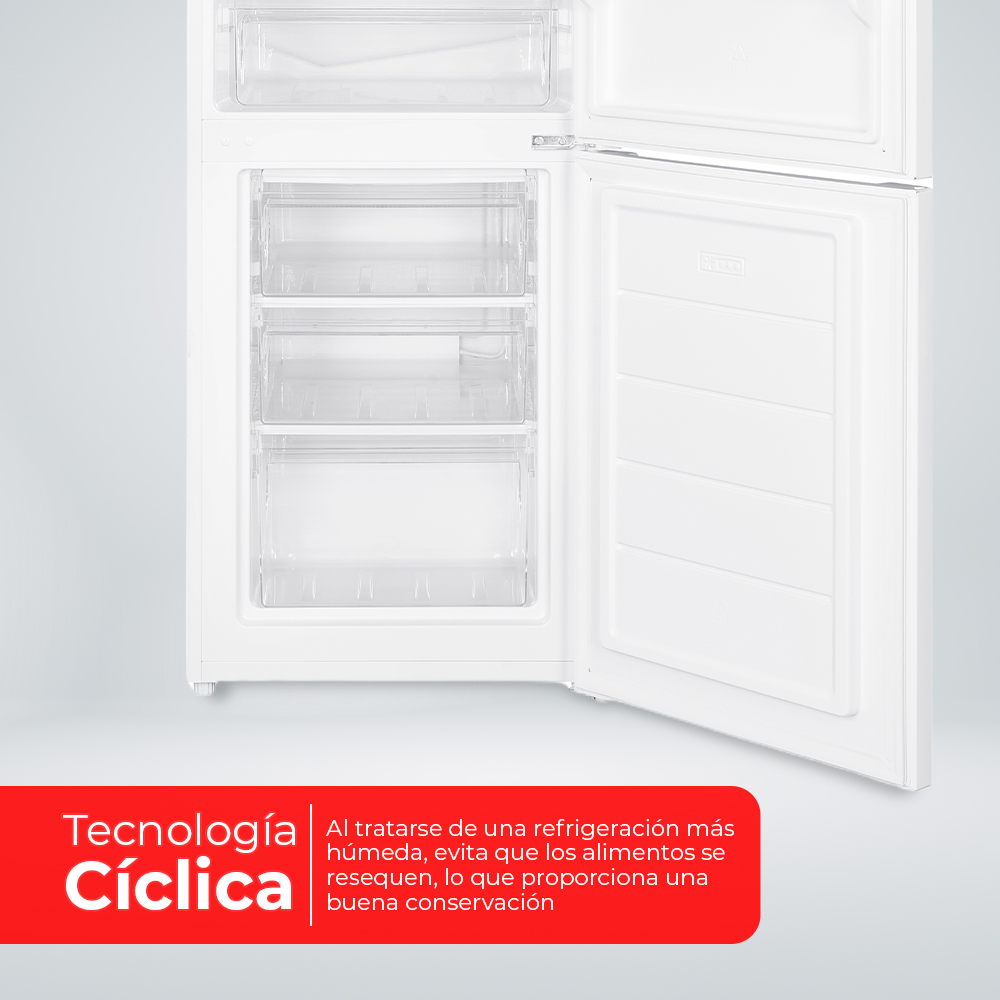 Interior del refrigerador con estantes. La puerta abierta revela cajones transparentes. Cuadro de texto rojo abajo.