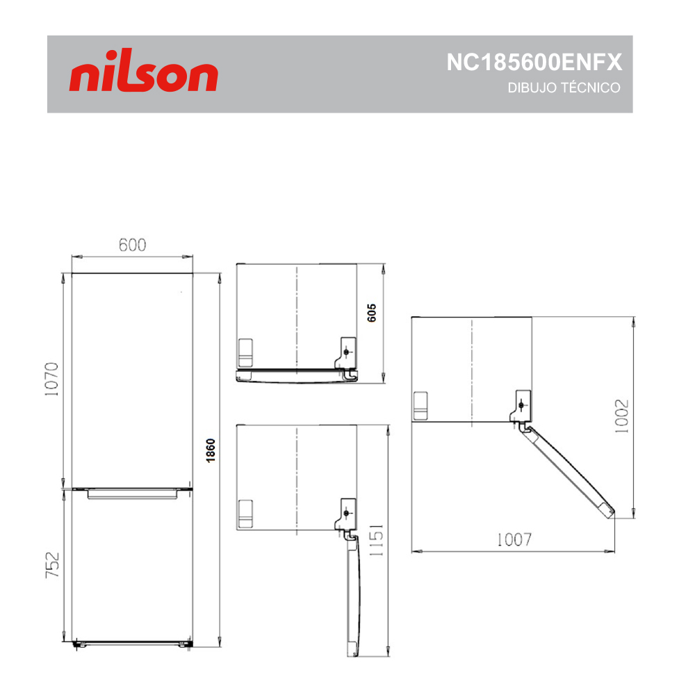 Dibujo técnico de un refrigerador, mostrando dimensiones y diseño interno. Logo Nilson arriba.