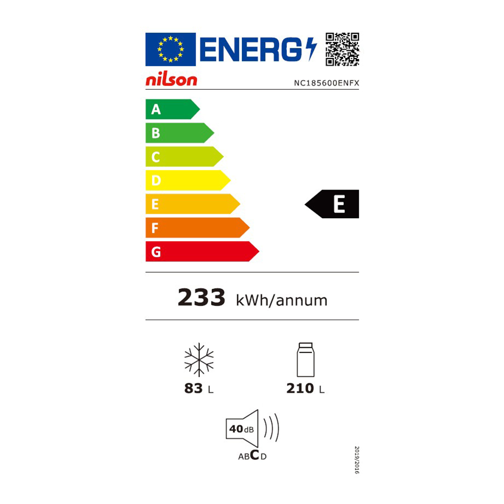Etiqueta energética para un refrigerador. Muestra la clasificación de eficiencia energética E, con otros detalles.