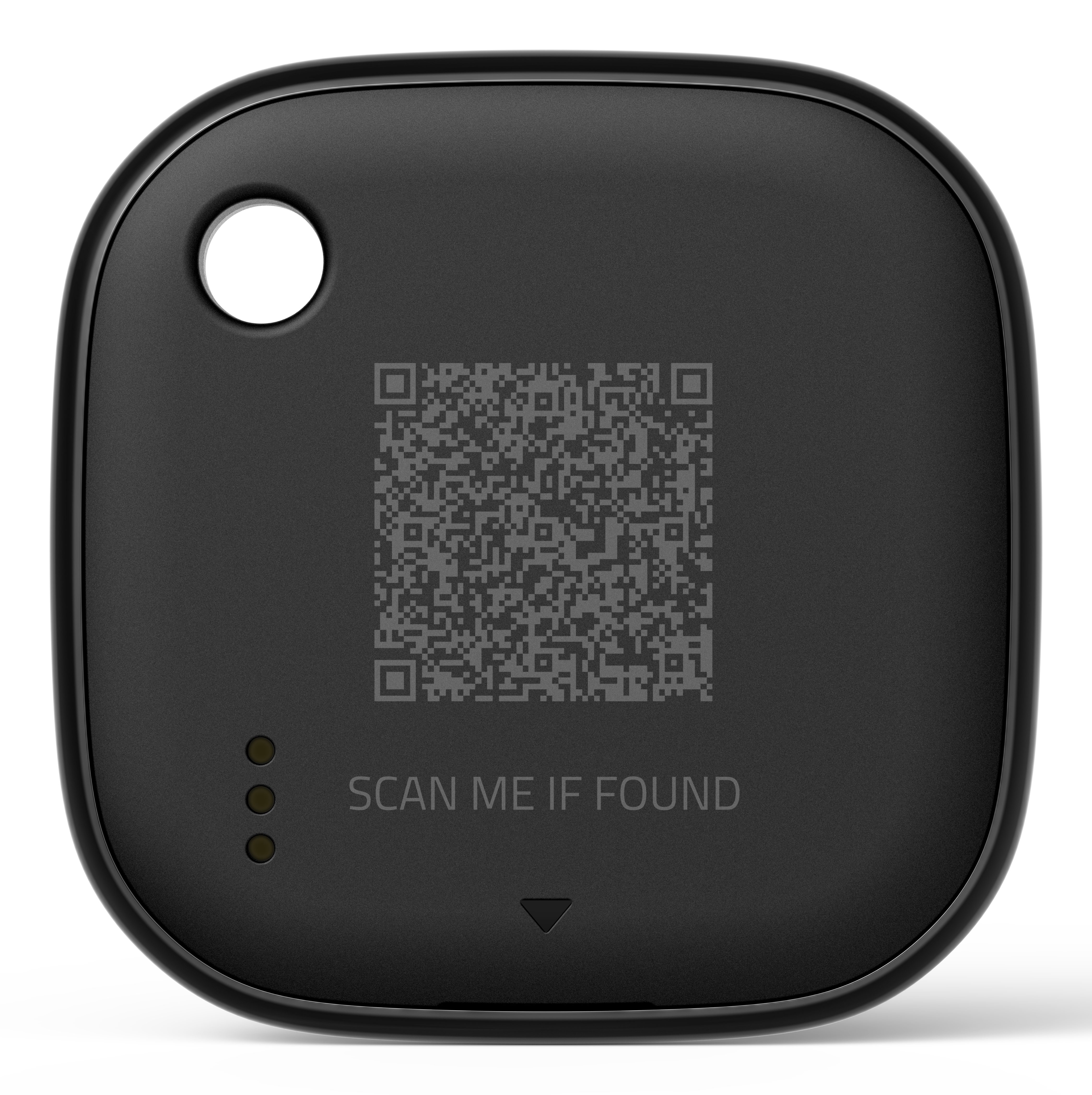 Tracker quadrato nero con codice QR e testo 'SCAN ME IF FOUND'. Ha tre luci gialle e un foro per la chiave.