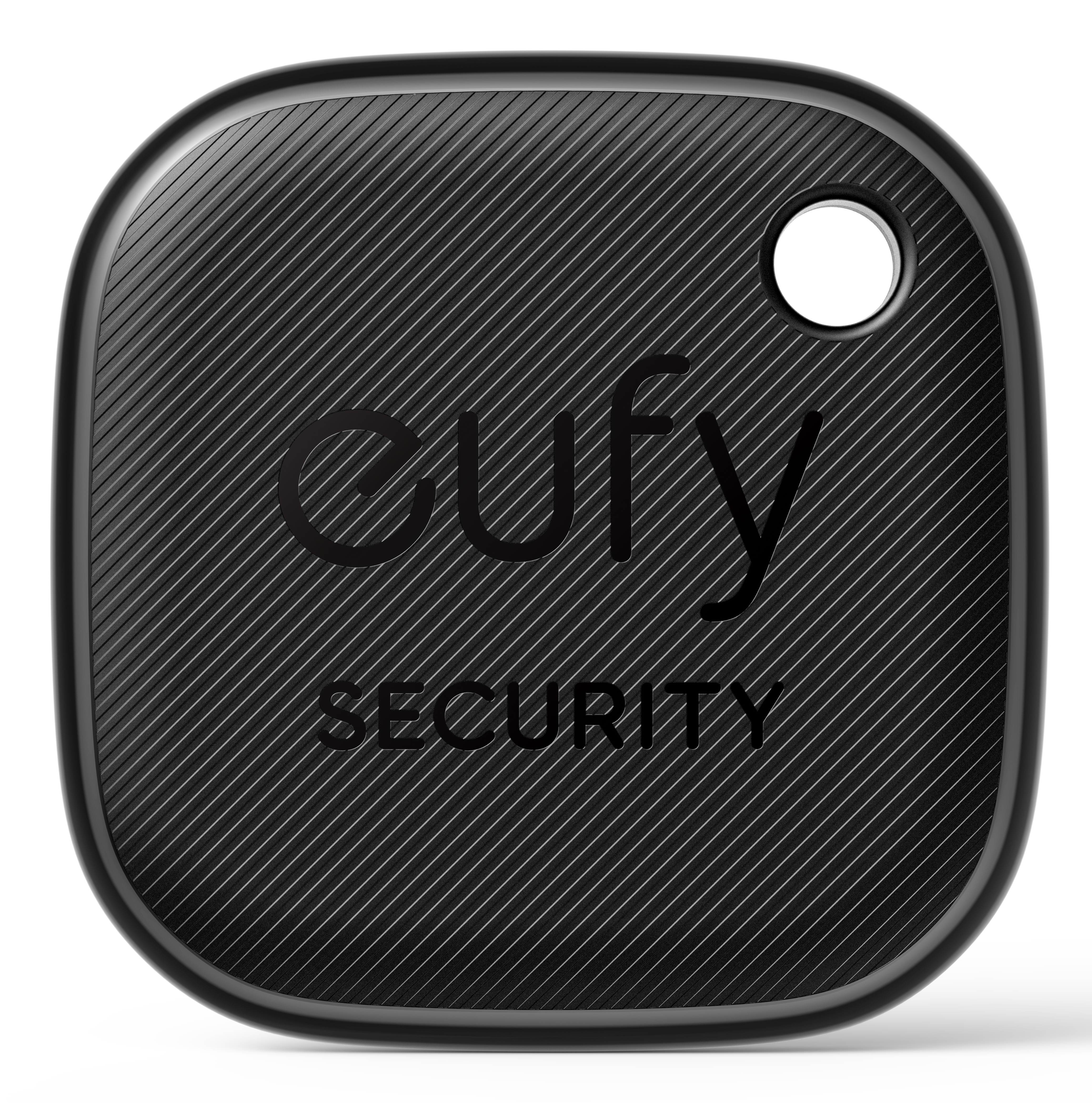 Tracker quadrato nero con il logo di sicurezza eufy. Ha un foro per la chiave in alto. Linee diagonali coprono la superficie.