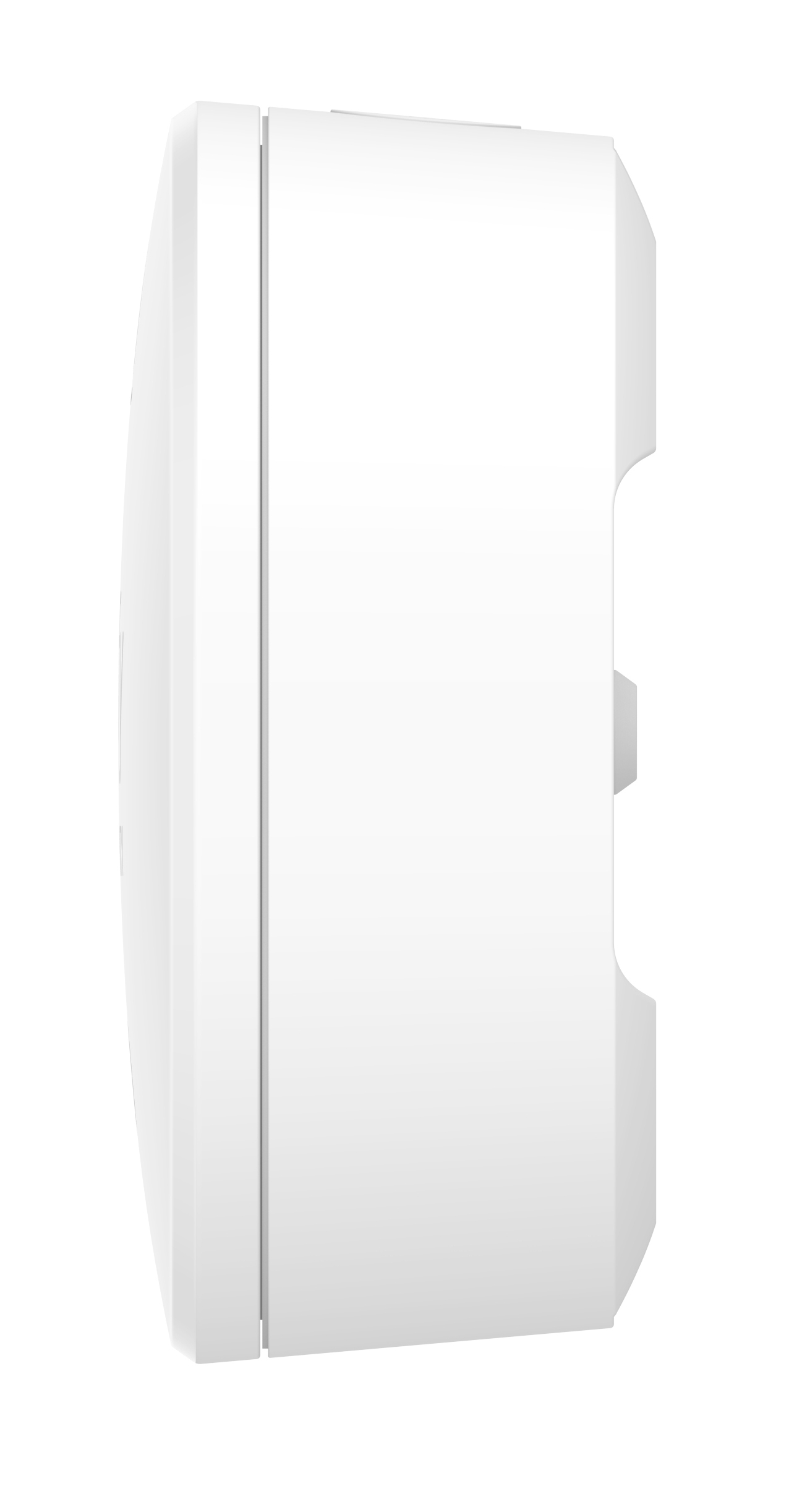 Białe, prostokątne urządzenie widziane z boku, pokazujące krawędź urządzenia i pewne szczegóły na powierzchni.