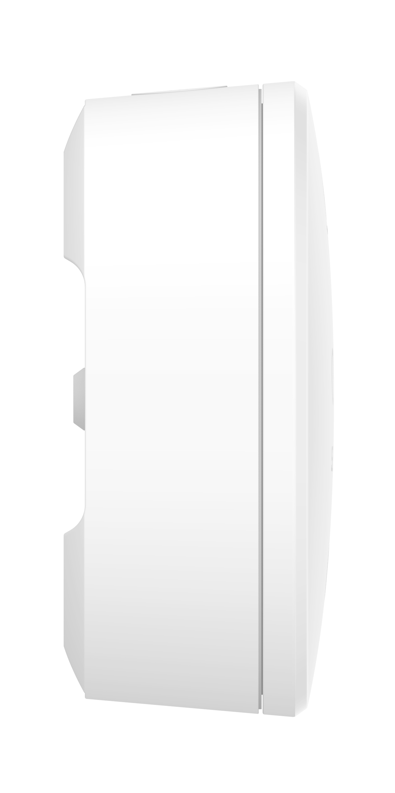 Widok z boku białego urządzenia smart home, prawdopodobnie hub lub czujnik, na białym tle.