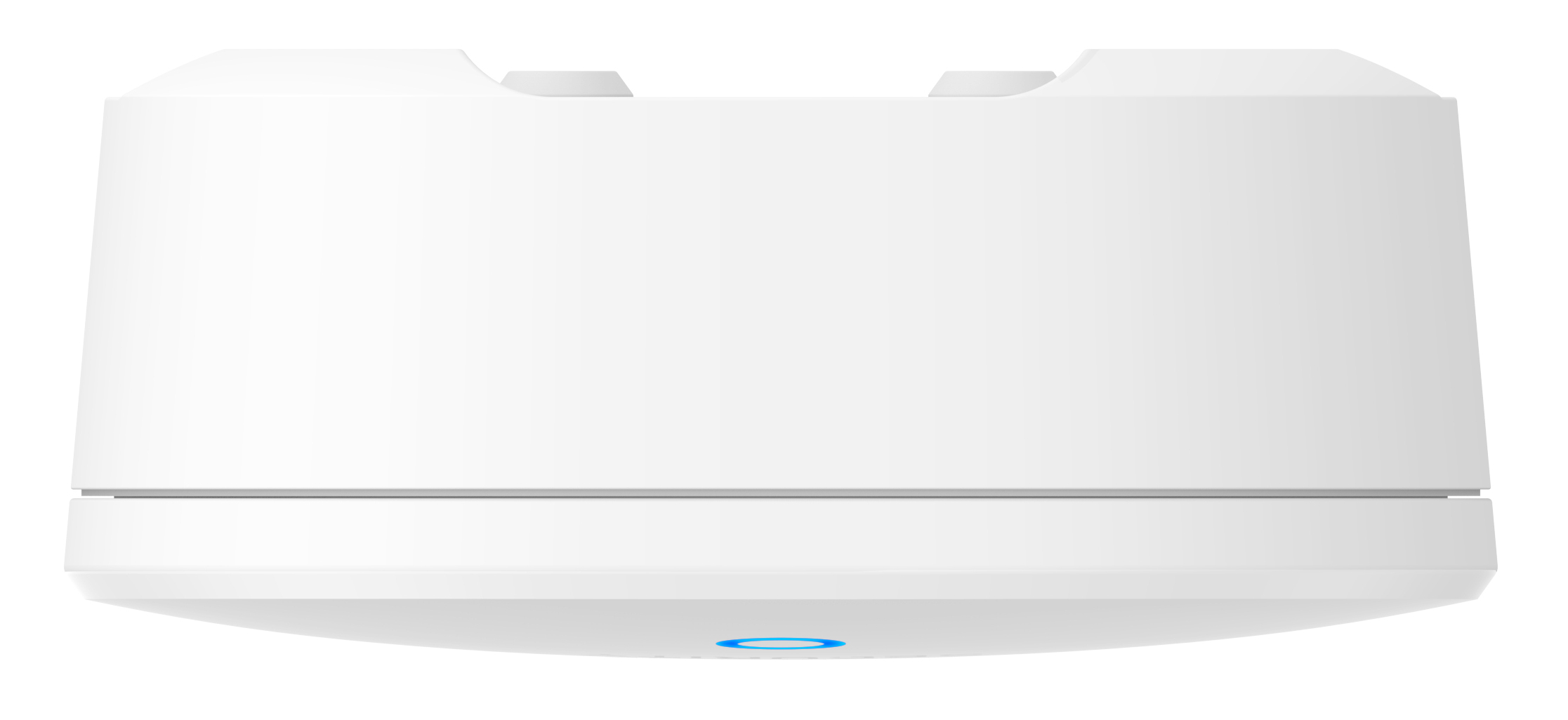 Widok od dołu białego urządzenia smart home z niebieskim światłem, prawdopodobnie hub lub czujnik.