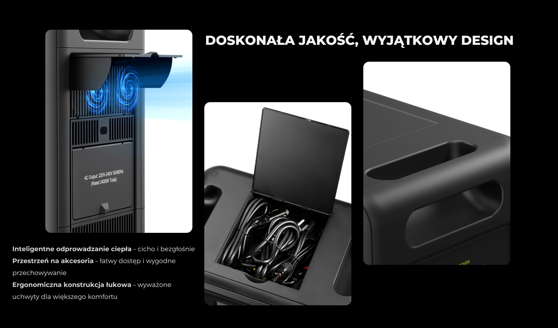 Czarna stacja zasilania z otworami wentylacyjnymi i schowkiem. Tekst mówi: Inteligentne odprowadzanie ciepła, przestrzeń do przechowywania i ergonomiczna konstrukcja.