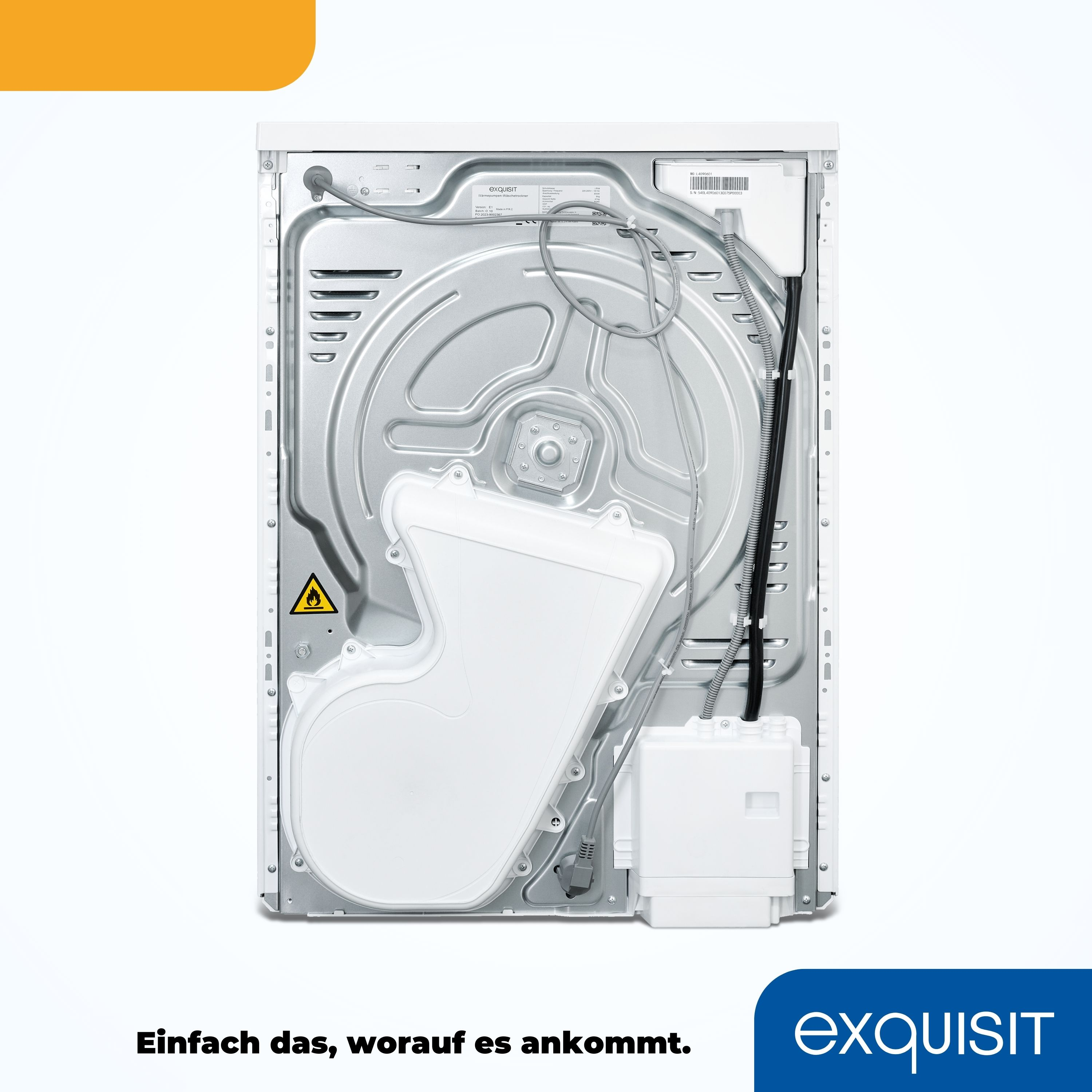 Die Rückseite eines weißen Exquisit-Trockners zeigt interne Komponenten, darunter einen weißen Wasserbehälter.