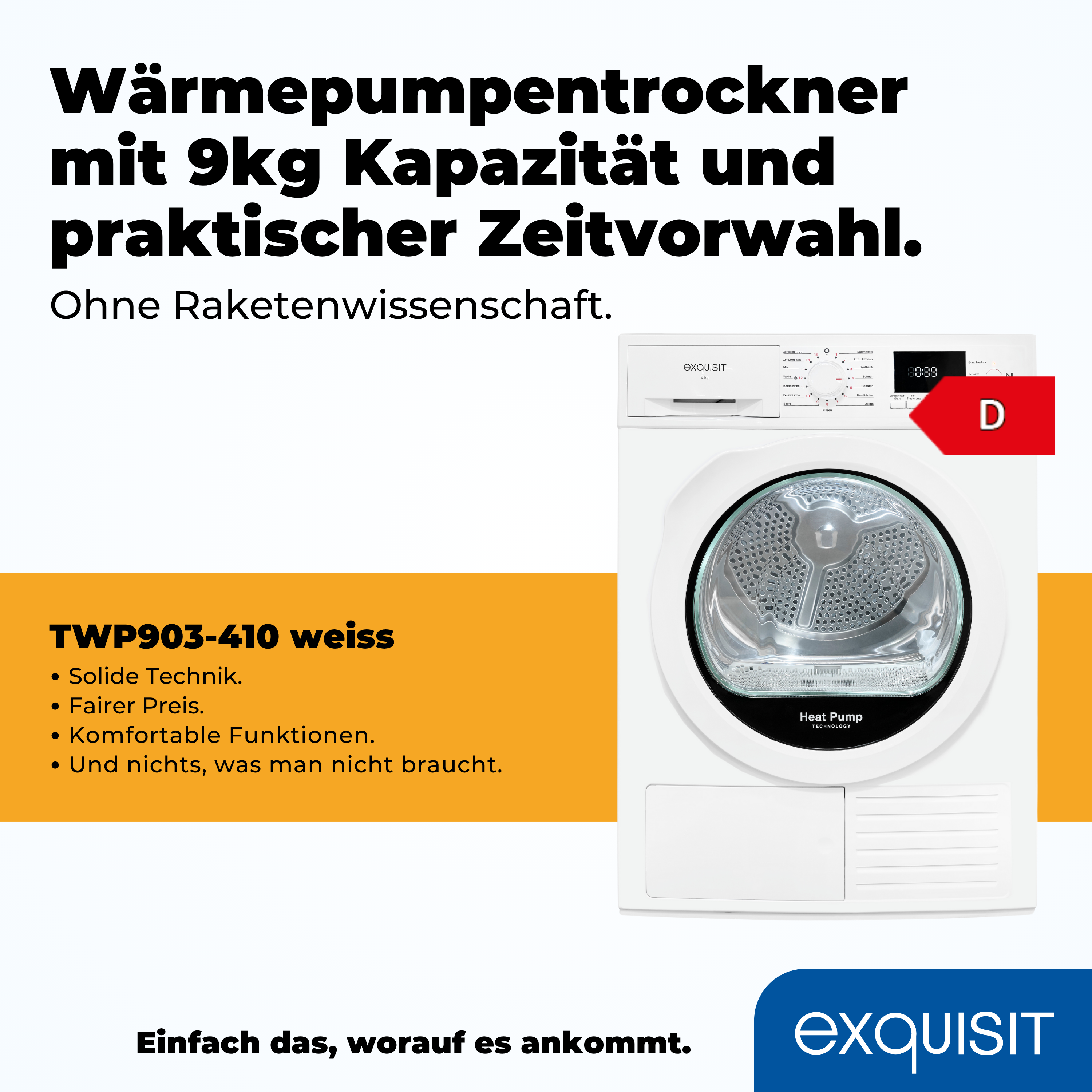 Ein weißer Trockner mit Glastür. Text enthält 'Heat Pump' und 'exquisit'. Ein rotes 'D'-Energielabel ist sichtbar.