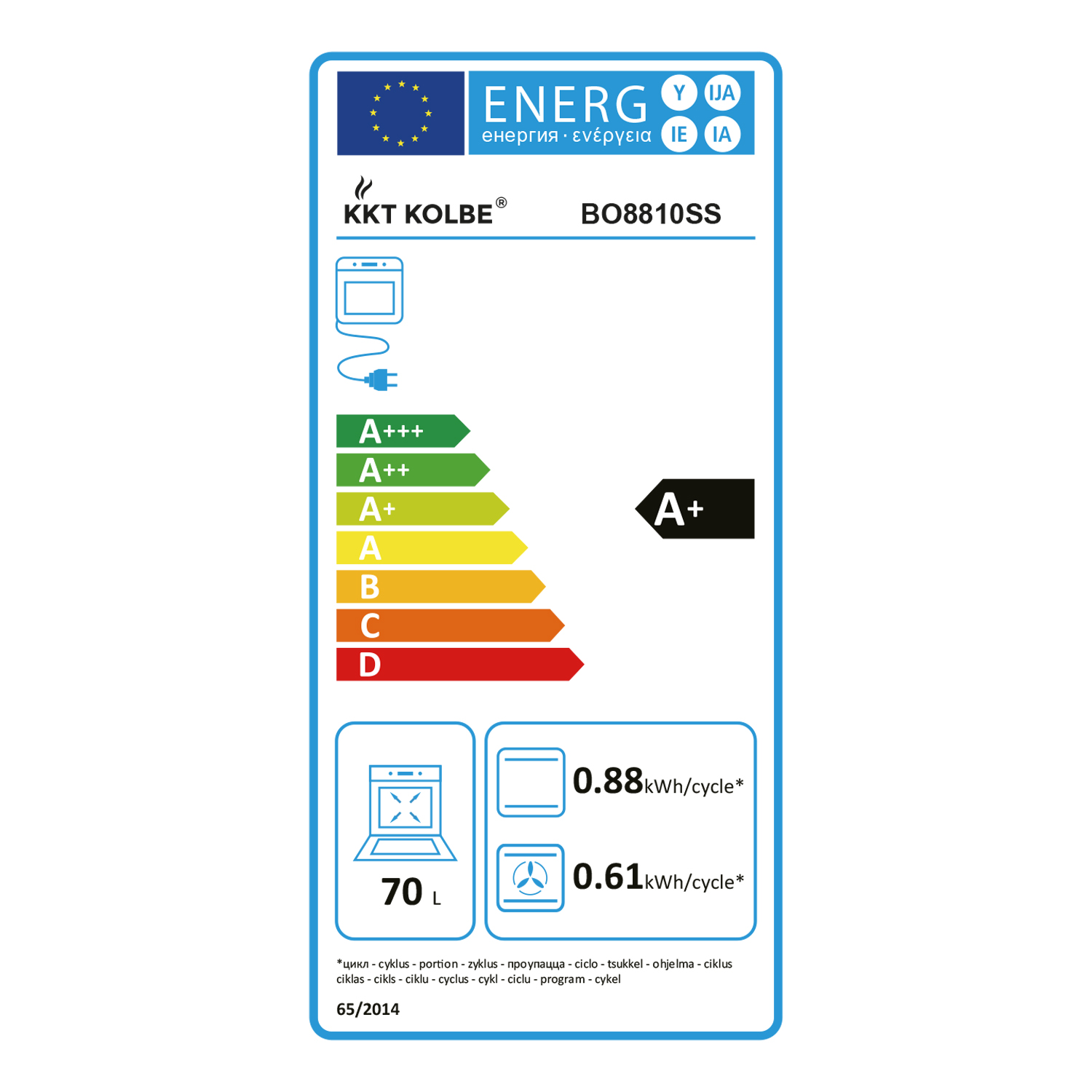 Energielabel für einen Backofen. Es zeigt Energieeffizienzklassen, Marke, Modell und Energieverbrauch pro Zyklus.