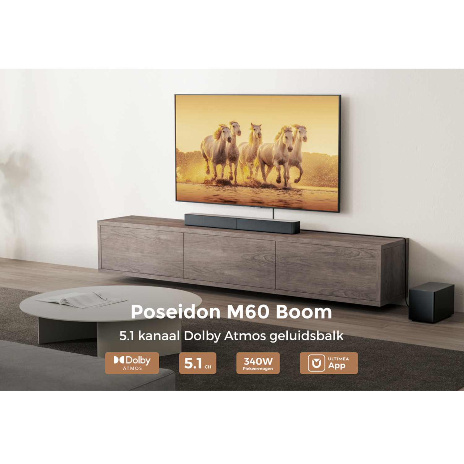 A TV displays horses running on a beach, with a soundbar underneath. The setup includes a subwoofer and features Dolby Atmos.