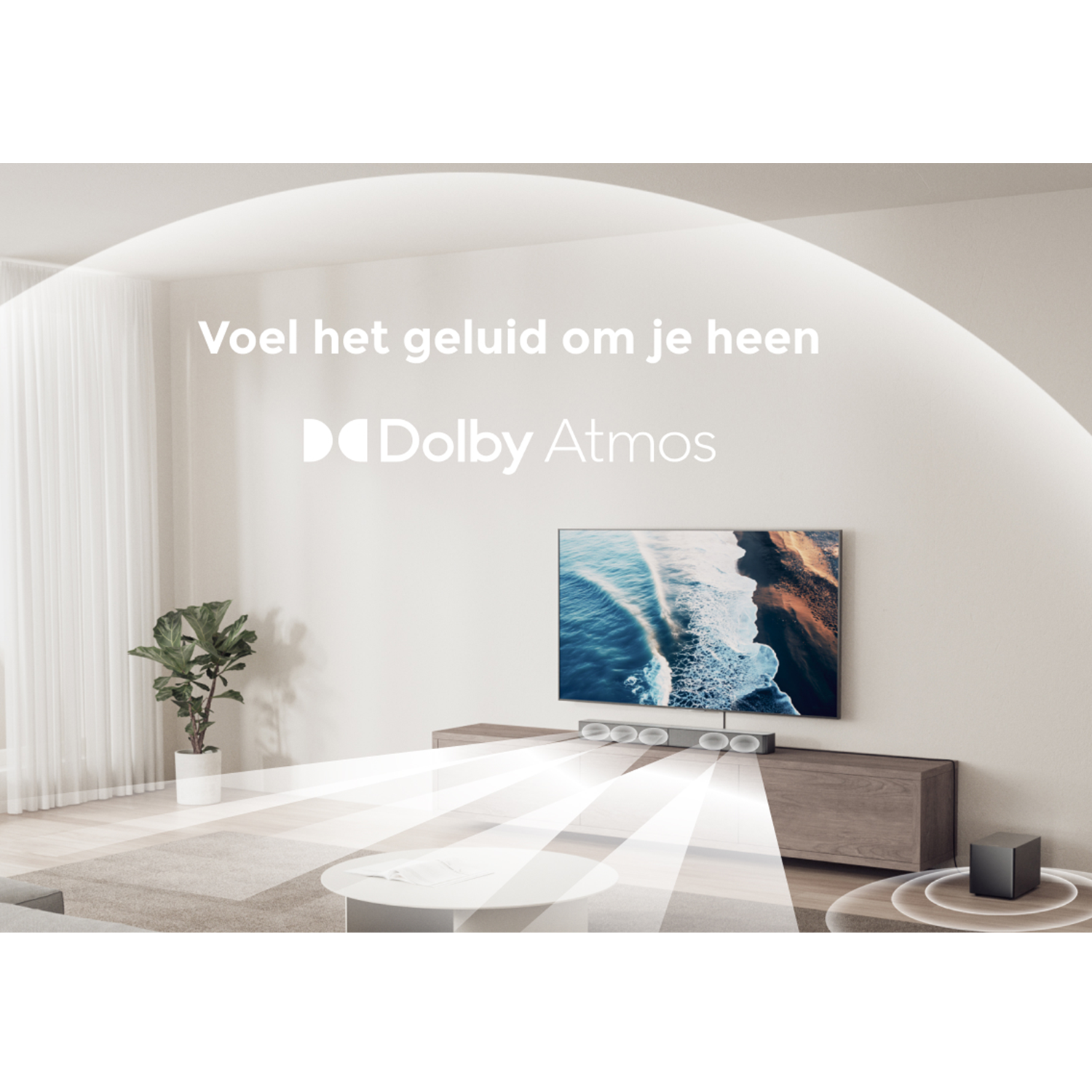 A living room scene shows a TV with ocean graphics, soundbar, and subwoofer, enhanced by Dolby Atmos surround sound.