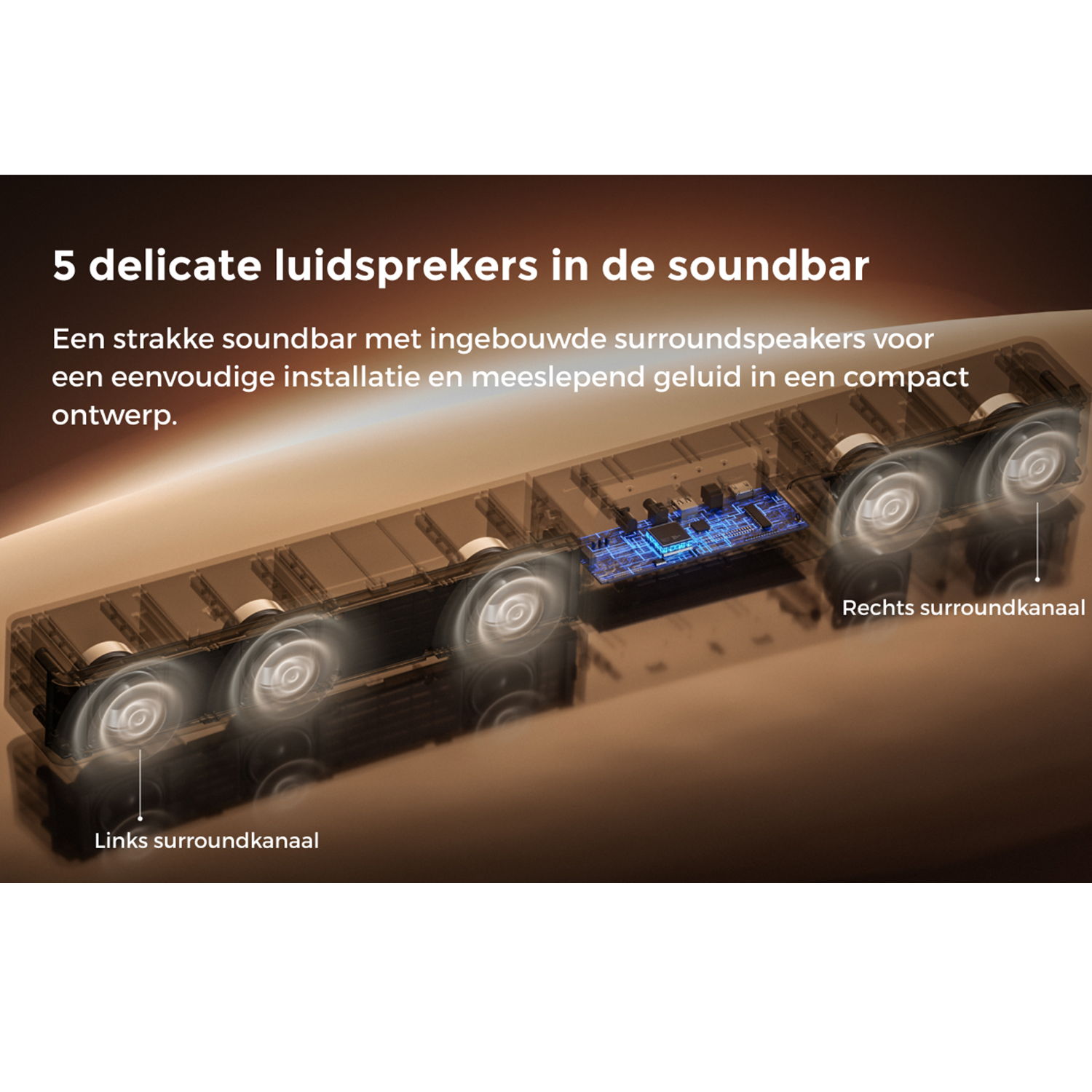 A transparent soundbar cutaway revealing internal speakers and components with labels.