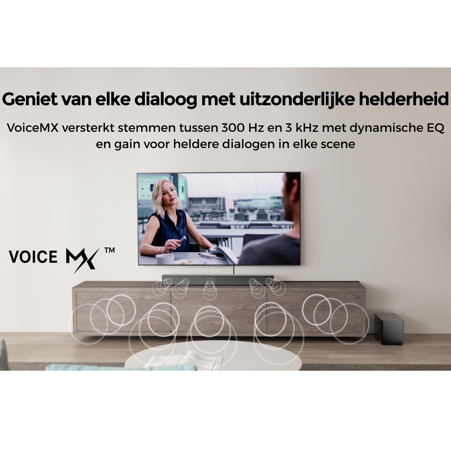 A TV setup shows a woman on screen, with a soundbar underneath, enhancing dialogue clarity with VoiceMX technology.
