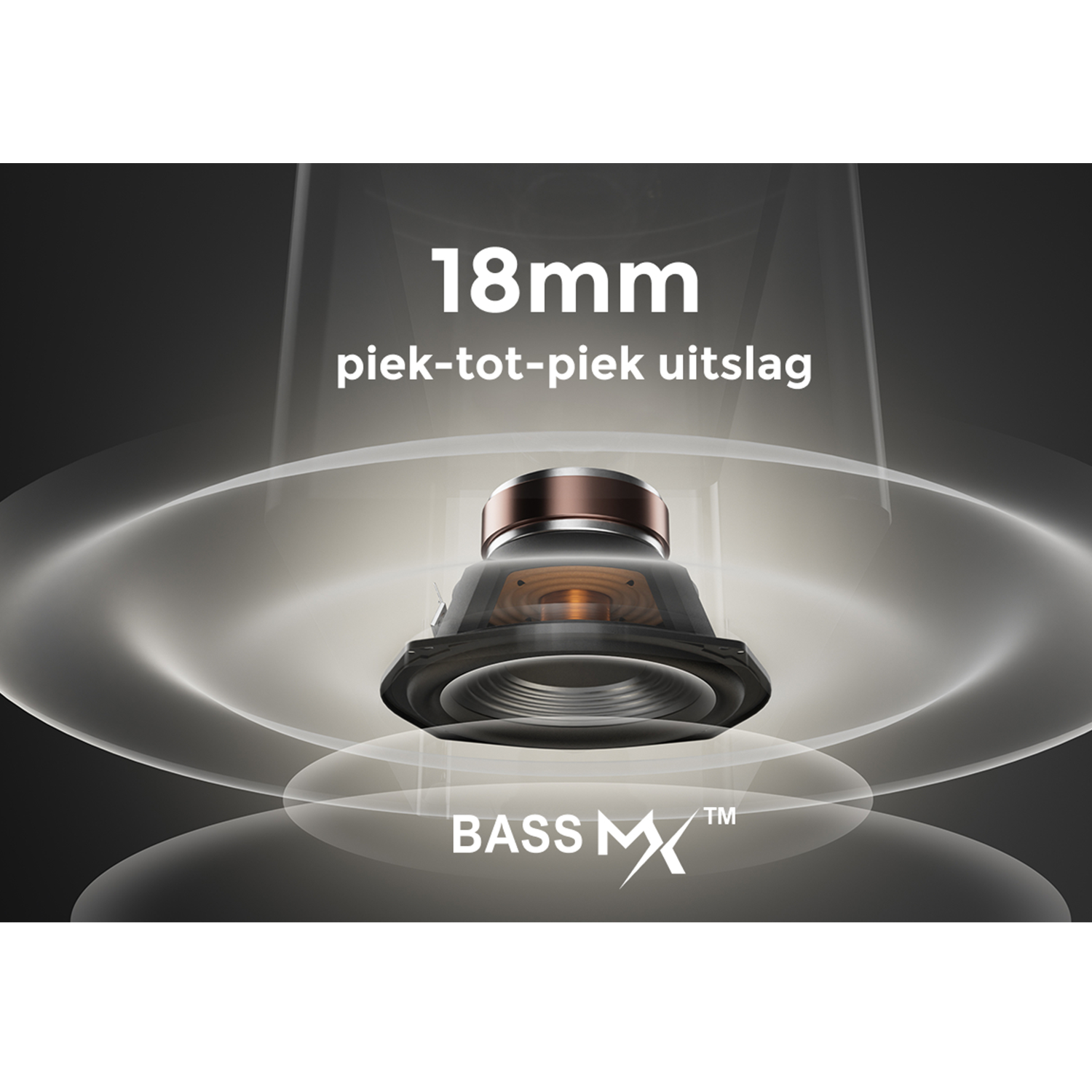 A close-up shows an 18mm speaker driver, part of a BASS MX system, designed for peak-to-peak sound output.